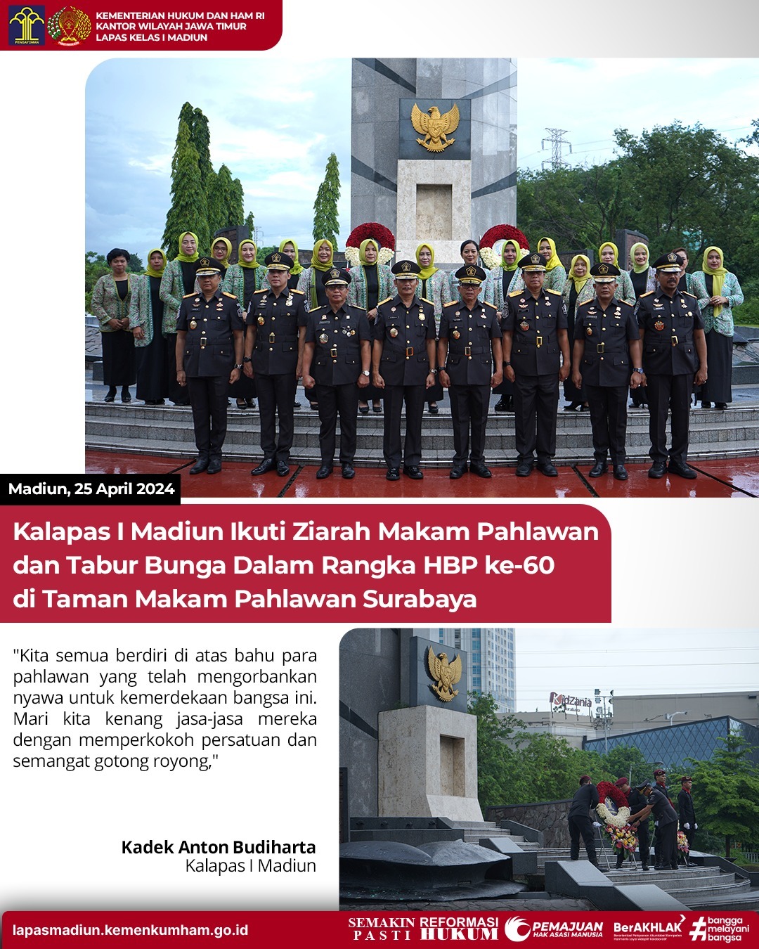 Kalapas I Madiun Ikuti Ziarah Makam Pahlawan dan Tabur Bunga Dalam Rangka HBP ke-60 di Taman Makam Pahlawan Surabaya